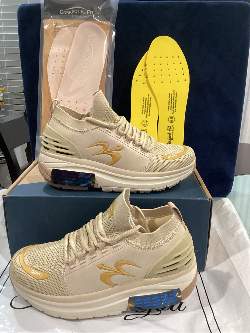 GDEFY Mateem Versoshock Walking Shoes Beige/Gold women’s size 6.5 NWB orthopedic